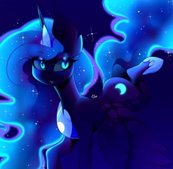 Size: 2048x2001 | Tagged: safe, artist:tessa_key_, imported from derpibooru, nightmare moon, alicorn, pony, ethereal mane, eyelashes, female, glowing, glowing eyes, glowing mane, high res, horn, mare, signature, solo, sparkles, starry mane