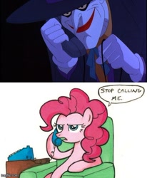 Size: 500x607 | Tagged: safe, imported from derpibooru, pinkie pie, pony, batman, batman the animated series, chair, exploitable meme, meme, phone, pinkie pie is not amused, prank call, stop calling me, the joker, unamused