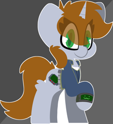 Size: 2446x2688 | Tagged: safe, artist:moonydusk, imported from derpibooru, oc, oc only, oc:littlepip, pony, unicorn, fallout equestria, female, gray background, high res, mare, raised hoof, simple background, solo