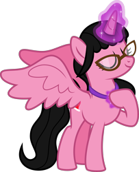 Size: 4000x4918 | Tagged: safe, artist:melisareb, imported from derpibooru, oc, oc only, oc:aaliyah, alicorn, pony, derpibooru community collaboration, 2022 community collab, aaliyah, absurd resolution, amulet, eyes closed, female, glasses, glowing, glowing horn, horn, jewelry, magic, magic aura, mare, necklace, simple background, smiling, solo, spread wings, telekinesis, transparent background, vector, wings