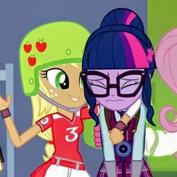 Size: 816x816 | Tagged: safe, imported from derpibooru, screencap, applejack, sci-twi, twilight sparkle, equestria girls, friendship games, cropped, eyes closed, female, helmet