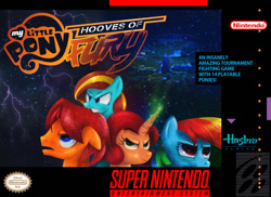 Size: 1400x1019 | Tagged: safe, artist:sedrice, imported from derpibooru, rainbow dash, oc, oc:cosmicchrissy, oc:goldenfox, oc:ilovekimpossiblealot, pony, '90s, female, lightning, male, nintendo, super nintendo, video game cover