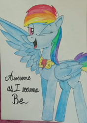 Size: 678x960 | Tagged: safe, artist:aking, imported from derpibooru, rainbow dash, pony, awesome as i want to be, element of loyalty, looking at you, one eye closed, open mouth, open smile, smiling, solo, traditional art, wink, winking at you