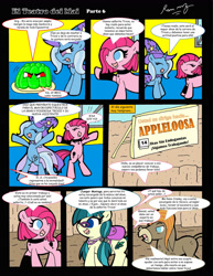 Size: 1024x1327 | Tagged: safe, artist:rammzblood, imported from derpibooru, cranky doodle donkey, juniper montage, pinkie pie, trixie, donkey, earth pony, pony, unicorn, comic, female, food transformation, inanimate tf, male, mare, transformation