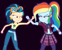 Size: 758x617 | Tagged: safe, artist:sarahalen, imported from derpibooru, indigo zap, rainbow dash, equestria girls, black background, clothes, clothes swap, crystal prep academy uniform, duo, female, looking at each other, looking at someone, school uniform, simple background