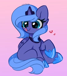 Size: 3585x4096 | Tagged: safe, artist:kittyrosie, imported from derpibooru, princess luna, alicorn, pony, :p, abstract background, blank flank, blushing, crown, cute, female, filly, heart, hoof shoes, jewelry, kittyrosie is trying to murder us, lunabetes, pink background, regalia, s1 luna, simple background, sitting, solo, tongue out, woona, younger