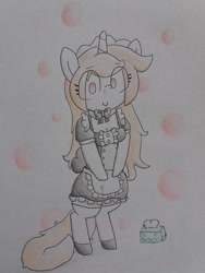 Size: 774x1032 | Tagged: safe, artist:cherro, imported from derpibooru, oc, oc only, oc:cherry blossom, unicorn, clothes, maid, solo, tissue box, traditional art