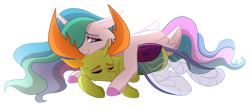 Size: 1280x553 | Tagged: safe, artist:primrosepaper, imported from derpibooru, princess celestia, thorax, alicorn, changedling, changeling, pony, clothes, cute, ethereal mane, eyes closed, feather, female, flowing mane, flowing tail, folded wings, horn, horns, king thorax, lidded eyes, lying down, male, pink eyes, see-through, shipping, simple background, sleeping, smiling, snuggling, starry mane, straight, tail, thoralestia, transparent background, wings