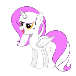Size: 640x640 | Tagged: safe, artist:yuerain sparkle, imported from derpibooru, oc, oc only, oc:yuerain sparkle, alicorn, bat pony, bat pony alicorn, pony, derpibooru community collaboration, 2022 community collab, bat wings, female, folded wings, full body, happy, horn, mare, open mouth, open smile, orange eyes, pink mane, show accurate, simple background, smiling, solo, standing, tail, three quarter view, transparent background, two toned mane, two toned tail, wings