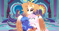 Size: 1024x547 | Tagged: safe, artist:velveagicsentryyt, imported from derpibooru, princess celestia, princess luna, oc, oc:queen galaxia, alicorn, pony, base used, celestia and luna's mother, cewestia, eyes closed, eyeshadow, female, filly, filly celestia, filly luna, hug, looking down, makeup, mare, winghug, wings, woona, younger