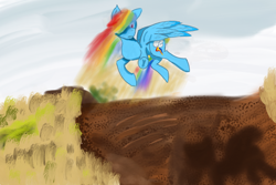 Size: 1000x667 | Tagged: safe, artist:galaxymike, imported from derpibooru, rainbow dash, pegasus, pony, dirt, female, mare, side view, sky, solo, spread wings, wings