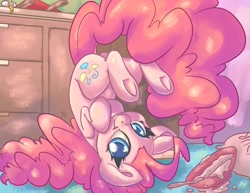 Size: 3300x2550 | Tagged: safe, artist:leadhooves, imported from derpibooru, pinkie pie, earth pony, pony, batter, bowl, colored pupils, cute, diapinkes, dock, egg (food), female, food, high res, hooves to the chest, kitchen, looking at you, mare, ponk, smiling, smiling at you, solo, spoon, tail, underhoof, upside down