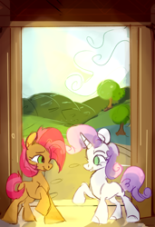 Size: 1024x1500 | Tagged: safe, artist:megalura, imported from derpibooru, babs seed, sweetie belle, earth pony, pony, unicorn, duo, female, filly, foal, raised hoof, sunlight