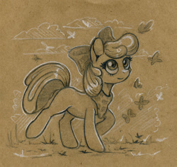 Size: 1092x1031 | Tagged: safe, artist:maytee, imported from derpibooru, apple bloom, butterfly, earth pony, pony, neckerchief, solo, traditional art