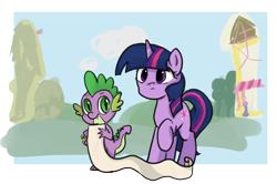 Size: 2320x1543 | Tagged: safe, artist:brella, imported from derpibooru, spike, twilight sparkle, dragon, pony, unicorn, friendship is magic, season 1, ponyville, scroll