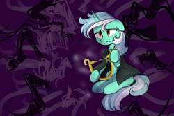 Size: 2393x1611 | Tagged: safe, artist:brella, imported from derpibooru, lyra heartstrings, pony, unicorn, fanfic:background pony, female, lyre, musical instrument, sitting, solo
