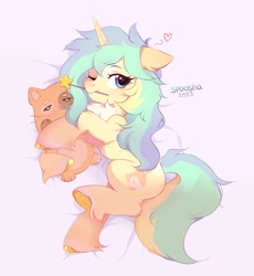 Size: 1425x1550 | Tagged: safe, artist:spoosha, imported from derpibooru, oc, oc only, cat, pony, unicorn, bed, chest fluff, heart, looking at you, magic wand, mouth hold, one eye closed, pale belly, simple background, smiling, solo, unshorn fetlocks, wand, white background, wink