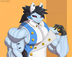 Size: 4113x3268 | Tagged: safe, artist:mopyr, imported from derpibooru, oc, oc only, oc:erell, anthro, cyborg, original species, shark, shark pony, black sclera, clothes, gloves, male, muscles, outfit, solo