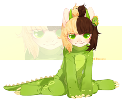 Size: 2400x2000 | Tagged: safe, artist:qawakie, imported from derpibooru, oc, oc only, earth pony, lizard, pony, clothes, costume, earth pony oc, high res, horns, kigurumi, sitting, smiling, zoom layer