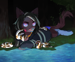 Size: 2400x2000 | Tagged: safe, artist:qawakie, imported from derpibooru, oc, oc only, earth pony, pony, snake, clothes, earth pony oc, high res, lying down, outdoors, prone, river, smiling, socks, water