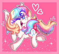 Size: 761x697 | Tagged: safe, artist:awoomarblesoda, imported from derpibooru, oc, oc only, oc:frosting, bat pony, pony, abstract background, bat pony oc, ethereal mane, eyelashes, female, heart, mare, multicolored hair, one eye closed, rainbow hair, raised hoof, solo, starry mane, wink