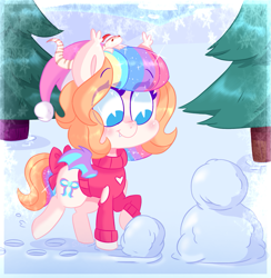 Size: 1005x1029 | Tagged: safe, artist:awoomarblesoda, imported from derpibooru, oc, oc only, oc:frosting, bat pony, pony, snake, bat pony oc, bat wings, clothes, ethereal mane, female, mare, multicolored hair, outdoors, rainbow hair, smiling, snowman, solo, starry mane, tree, wings