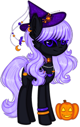 Size: 1164x1840 | Tagged: safe, artist:fantarianna, imported from derpibooru, oc, oc only, earth pony, pony, bracelet, ear piercing, earth pony oc, female, halloween, hat, holiday, jack-o-lantern, jewelry, mare, necklace, piercing, pumpkin, simple background, smiling, transparent background, witch hat