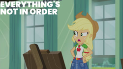 Size: 1280x720 | Tagged: safe, edit, edited screencap, editor:quoterific, imported from derpibooru, screencap, applejack, equestria girls, equestria girls series, schedule swap, spoiler:eqg series (season 2), applejack's hat, belt, clothes, cowboy hat, cutie mark on clothes, denim skirt, female, geode of super strength, hand on hip, hat, jewelry, magical geodes, necklace, open mouth, skirt, solo
