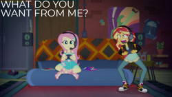 Size: 1280x720 | Tagged: safe, edit, edited screencap, editor:quoterific, imported from derpibooru, screencap, fluttershy, sunset shimmer, equestria girls, equestria girls series, game stream, spoiler:eqg series (season 2), angry, clothes, controller, converse, cute, cutie mark on clothes, duo, duo female, female, gamer sunset, gamershy, geode of fauna, hairpin, headset, jacket, jewelry, leather, leather jacket, magical geodes, necklace, open mouth, psycho gamer sunset, sandals, shoes, shyabetes