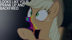 Size: 1280x720 | Tagged: safe, edit, edited screencap, editor:quoterific, imported from derpibooru, screencap, applejack, earth pony, pony, 28 pranks later, season 6, applejack's hat, cowboy hat, female, hat, mare, open mouth, solo