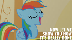 Size: 1280x720 | Tagged: safe, edit, edited screencap, editor:quoterific, imported from derpibooru, screencap, rainbow dash, pegasus, pony, party of one, season 1, eyes closed, female, mare, open mouth, open smile, smiling, solo, sugarcube corner