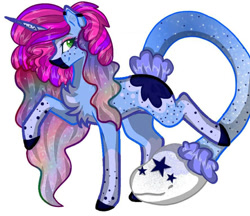 Size: 887x765 | Tagged: safe, artist:teonnakatztkgs, imported from derpibooru, oc, oc only, monster pony, pony, augmented, augmented tail, chest fluff, ethereal mane, horn, multicolored hair, rainbow hair, raised hoof, simple background, solo, starry mane, tail, white background