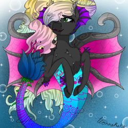 Size: 1500x1500 | Tagged: safe, artist:teonnakatztkgs, imported from derpibooru, oc, oc only, pony, sea pony, blue background, bubble, chest fluff, eyelashes, fin wings, fins, fish tail, flowing mane, flowing tail, green eyes, hair over one eye, mermaid tail, ocean, signature, simple background, smiling, solo, sparkles, swimming, tail, teeth, underwater, water, wings