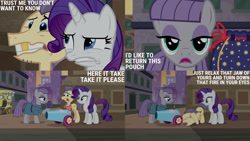 Size: 1280x720 | Tagged: safe, edit, edited screencap, editor:quoterific, imported from derpibooru, screencap, maud pie, rarity, earth pony, pony, unicorn, season 6, the gift of the maud pie, eyes closed, female, male, mare, open mouth, party cannon, stallion