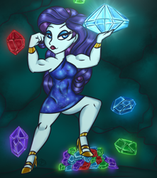 Size: 1020x1156 | Tagged: safe, artist:purfectprincessgirl, imported from derpibooru, rarity, equestria girls, biceps, bracelet, clothes, diamond, dress, flexing, gem, gem cave, high heels, jewelry, muscles, ripped rarity, shoes, smiling