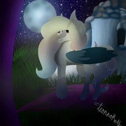 Size: 1500x1500 | Tagged: safe, artist:teonnakatztkgs, imported from derpibooru, oc, oc only, pegasus, pony, full moon, moon, night, outdoors, pegasus oc, signature, solo, stars, wings