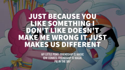 Size: 1280x720 | Tagged: safe, edit, editor:quoterific, idw, imported from derpibooru, pinkie pie, rainbow dash, earth pony, pegasus, pony, balloon, female, grin, mare, open mouth, pie in the sky, positive message, quote, smiling, sunglasses, text