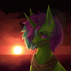 Size: 1080x1080 | Tagged: safe, artist:inarimayer, imported from derpibooru, oc, oc only, pony, unicorn, cigarette, clothes, horn, outdoors, scarf, smoking, solo, sunset, unicorn oc