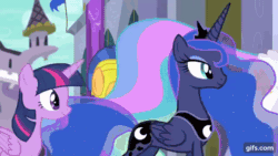 Size: 640x360 | Tagged: safe, imported from derpibooru, screencap, flash sentry, princess celestia, princess luna, sunset shimmer, twilight sparkle, alicorn, pegasus, pony, unicorn, equestria girls, equestria girls series, forgotten friendship, animated, blinking, crown, double take, female, gif, gifs.com, jewelry, male, mare, offscreen character, open mouth, regalia, stallion, twilight sparkle (alicorn), walking