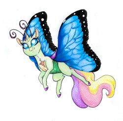 Size: 1558x1536 | Tagged: safe, artist:ask-y, imported from derpibooru, oc, oc only, changedling, changeling, changepony, hybrid, butterfly wings, changedling oc, changeling oc, flying, interspecies offspring, offspring, parent:princess celestia, parent:thorax, parents:thoralestia, simple background, traditional art, white background, wings