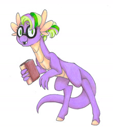 Size: 1236x1402 | Tagged: safe, artist:ask-y, imported from derpibooru, oc, oc only, dracony, dragon, hybrid, book, glasses, interspecies offspring, offspring, parent:scootaloo, parent:spike, parents:scootaspike, simple background, smiling, solo, traditional art, white background