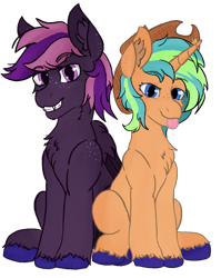 Size: 1527x1920 | Tagged: safe, artist:levinerex, imported from derpibooru, oc, oc only, oc:astonish moon, oc:grappe moon, pegasus, pony, unicorn, derpibooru community collaboration, 2022 community collab, :p, chest fluff, duo, ear fluff, eyebrows, eyebrows visible through hair, female, freckles, grin, hooves, horn, male, mare, pegasus oc, simple background, sitting, smiling, stallion, tongue out, transparent background, unicorn oc, unshorn fetlocks