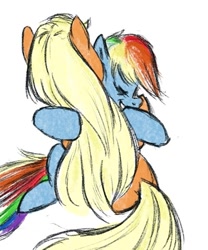 Size: 559x672 | Tagged: safe, artist:laya-21, imported from derpibooru, applejack, rainbow dash, earth pony, pegasus, pony, appledash, duo, female, grin, hug, loose hair, shipping, simple background, smiling