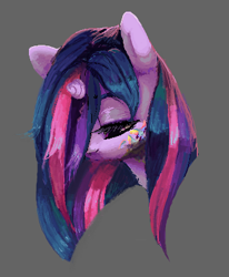 Size: 333x405 | Tagged: safe, artist:dammmnation, imported from derpibooru, twilight sparkle, pony, ambiguous race, bust, female, gray background, hair over one eye, mare, simple background, solo