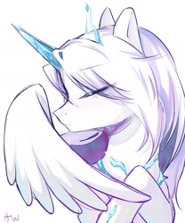 Size: 1378x1654 | Tagged: artist needed, source needed, safe, imported from derpibooru, oc, oc only, oc:bei_dou, alicorn, pony, crystal horn, eyes closed, horn, simple background, solo, white background, white coat