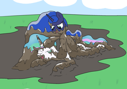 Size: 2000x1400 | Tagged: safe, artist:amateur-draw, imported from derpibooru, princess celestia, princess luna, alicorn, pony, covered in mud, female, mare, mud, mud play, mud pony, mud wrestling, muddy, royal sisters, siblings, sisters, sports, wet and messy, wrestling