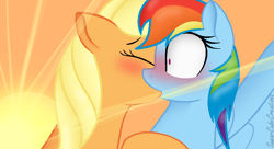 Size: 1054x574 | Tagged: safe, artist:sugarcubecreationz, imported from derpibooru, applejack, rainbow dash, earth pony, pegasus, pony, appledash, base used, blushing, duo, female, kiss on the lips, kissing, lesbian, mare, shipping