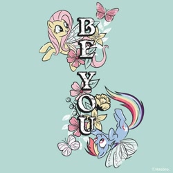 Size: 1080x1080 | Tagged: safe, artist:mylittleponyjpn, imported from derpibooru, part of a set, fluttershy, rainbow dash, butterfly, pegasus, pony, butterfly wings, duo, flower, instagram, official, positive message, wings