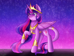 Size: 3188x2398 | Tagged: safe, artist:greenmarta, imported from derpibooru, twilight sparkle, alicorn, pony, female, high res, jewelry, leonine tail, night, night sky, raised hoof, regalia, sky, solo, tail, twilight sparkle (alicorn)