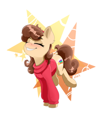 Size: 4000x4800 | Tagged: safe, artist:rainbowfire, imported from derpibooru, earth pony, pony, blushing, chest fluff, clothes, crossover, cute, eyes closed, female, forest background, gravity falls, grin, jumping, mabel pines, mare, ponified, silly, smiling, solo, stars, sweater, turtleneck